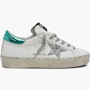 GOLDEN GOOSE Hi Star Platform Sneaker in White Silver Aqua